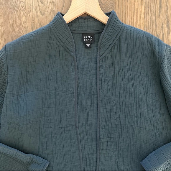 Eileen Fisher Textured Stand Collar Silk Blend Jacket Emerald Blue Green Small - Picture 3 of 8